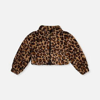 Big Kids Girl Button Front Leopard Print Faux Fur Jacket with Side Pockets