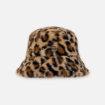 Toddlers Girl Faux Fur Leopard Print Wide Brim Bucket Hat