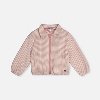 Little Kids Girl Zip Front Gathered Houndstooth Bomber Jacket with Side Pockets