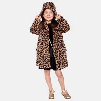 Big Kids Girl Button Front Leopard Print Faux Fur Long Coat with Side Pockets