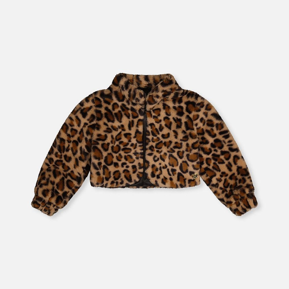 Little Kids Girl Button Front Leopard Print Faux Fur Jacket with 