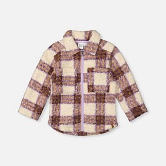Little Kids Girl Plaid Zipped Sherpa Overshirt with Chest Pockets