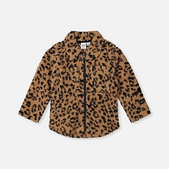 Little Kids Girl Leopard Print Zipped Sherpa Overshirt with Chest Pockets