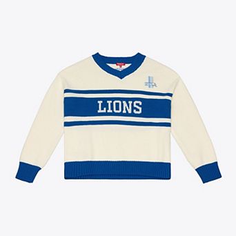 Women's Mitchell & Ness Cream/Blue Detroit Lions Retro Roots V-Neck Sweater