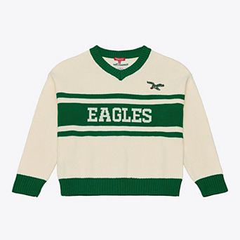 Women's Mitchell & Ness Cream/Kelly Green Philadelphia Eagles Retro Roots V-Neck Sweater