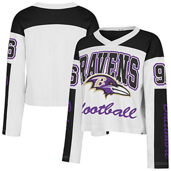Women's '47 White Baltimore Ravens Exclamation Metro V-Neck Long Sleeve Jersey T-Shirt