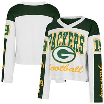 Women's '47 White Green Bay Packers Exclamation Metro V-Neck Long Sleeve Jersey T-Shirt