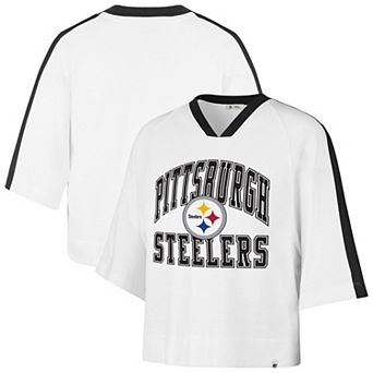 Women's '47 White Pittsburgh Steelers Big Overarch Drop Needle Raglan V-Neck T-Shirt