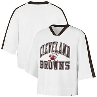 Women's '47 White Cleveland Browns Big Overarch Drop Needle Raglan V-Neck T-Shirt