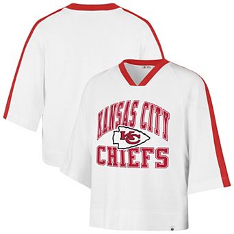 Women's '47 White Kansas City Chiefs Big Overarch Drop Needle Raglan V-Neck T-Shirt