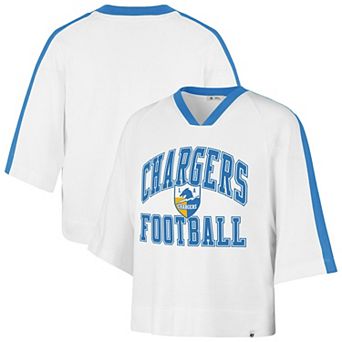 Women's '47 White Los Angeles Chargers Big Overarch Drop Needle Raglan V-Neck T-Shirt