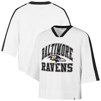 Women's '47 White Baltimore Ravens Big Overarch Drop Needle Raglan V-Neck T-Shirt