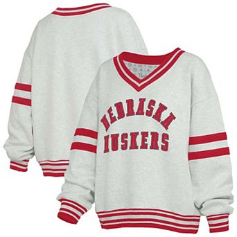 Women's Pressbox Gray/Scarlet Nebraska Huskers Tackle Twill Oates V-Neck Sweatshirt