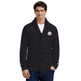 Men's Starter Black Pittsburgh Steelers Shawl Collar Heavy Knit Cardigan Sweater
