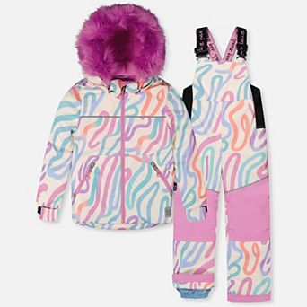 Little Kids Girl Line Print Two Piece Discover Snowsuit with Hooded Jacket and Snow Pants