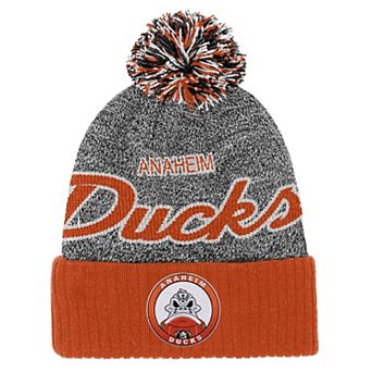 Youth Mitchell & Ness Orange/Gray Anaheim Ducks Mascot Cuffed Knit Hat with Pom