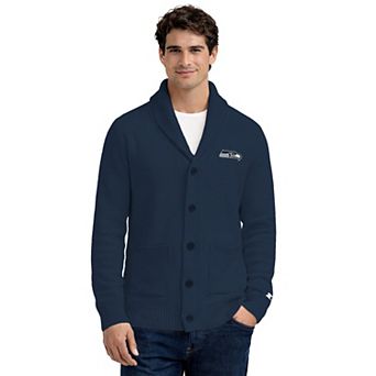 Men's Starter College Navy Seattle Seahawks Shawl Collar Heavy Knit Cardigan Sweater