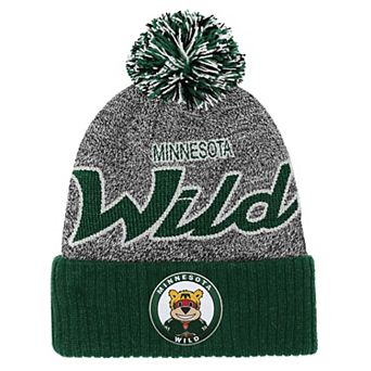Youth Mitchell & Ness Green/Gray Minnesota Wild Mascot Cuffed Knit Hat with Pom