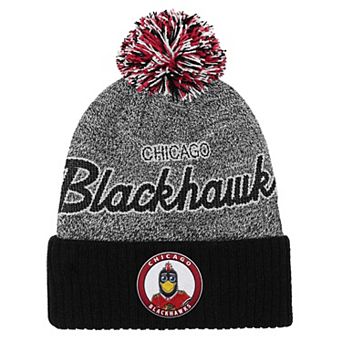 Youth Mitchell & Ness Black/Gray Chicago Blackhawks Mascot Cuffed Knit Hat with Pom