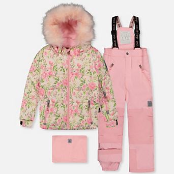Little Kids Girl Mini Flower Print Two Piece Play Snowsuit with Hooded Jacket and Snow Pants
