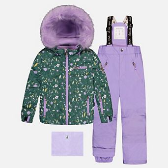 Big Kids Girl Mini Flower Print Two Piece Play Snowsuit with Hooded Jacket and Snow Pants