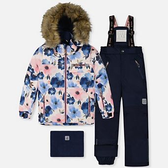 Big Kids Girl Watercolor Flower Print Two Piece Play Snowsuit with Hooded Jacket and Snow Pants