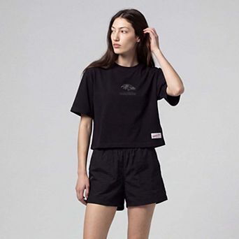 Women's Mitchell & Ness Black Baltimore Ravens Core Essentials Micro Logo Boxy Crop T-Shirt