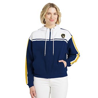 Women's WEAR by Erin Andrews Navy/White Milwaukee Brewers Color Blocked Full-Zip Hoodie