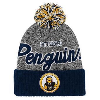 Youth Mitchell & Ness Navy/Gray Pittsburgh Penguins Mascot Cuffed Knit Hat with Pom
