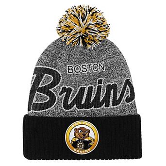 Youth Mitchell & Ness Black/Gray Boston Bruins Mascot Cuffed Knit Hat with Pom