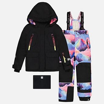 Little Kids Girl Two Piece Teknik Mountain Print Snowsuit with Hooded Jacket and Snow Pants