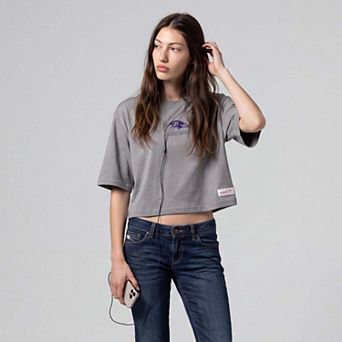Women's Mitchell & Ness Gray Baltimore Ravens Core Essentials Micro Logo Boxy Crop T-Shirt