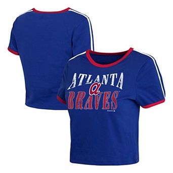 Women's WEAR by Erin Andrews Royal Atlanta Braves Cropped Throwback Ringer Baby T-Shirt