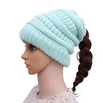 Soft Stretch Cable Knit Messy Bun Ponytail Beanie Winter Hat for Women