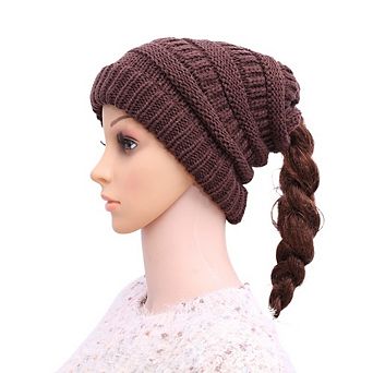 Soft Stretch Cable Knit Messy Bun Ponytail Beanie Winter Hat for Women