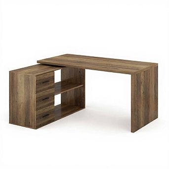 Wood Reversible L-Shaped Corner Desk with Drawers and Shelves for Home Office
