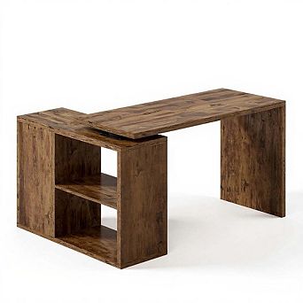 Wood L-Shaped Corner Desk with Open Shelves for Home Office