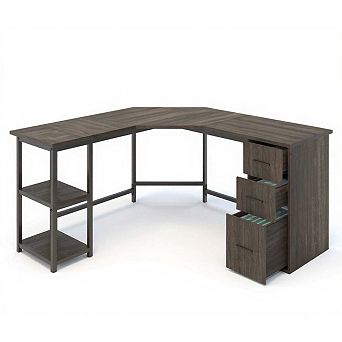 Wood L-Shaped Corner Desk with Drawers and Shelves for Home Office