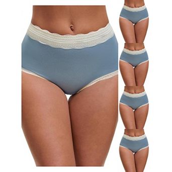 5 Packs Women's High Waisted Lace Trim Briefs Cotton Full Coverage Underwear Panties