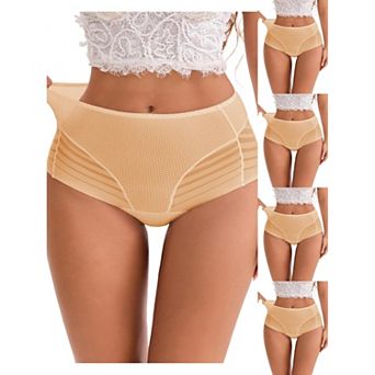 5 Packs Women's High-Waisted Hollow Lace Mesh Underwear Full Coverage Seamless Cotton Briefs