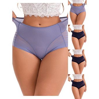 5 Packs Women's High-Waisted Hollow Lace Mesh Underwear Full Coverage Seamless Cotton Briefs