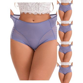 5 Packs Women's High-Waisted Hollow Lace Mesh Underwear Full Coverage Seamless Cotton Briefs