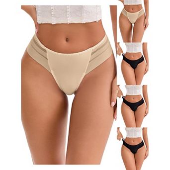 5 Packs Women's Low Rise Ice Silk Lace Elastic Thong Striped Breathable Seamless Underwear