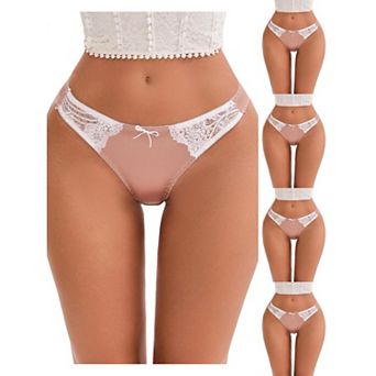 5 Packs Women's Lace Trim Satin Elastic Low-Waisted Briefs Traceless Comfortable Breathable Hipsters