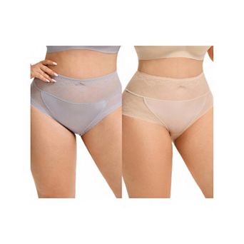 2 Packs Womens High Waisted Underwear Lace Mesh Briefs Soft Plus Size Panties