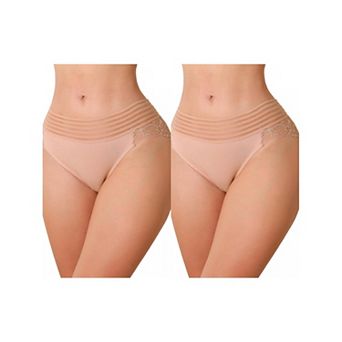 2 Packs Womens Mesh Striped Underwear Mid Waisted Lace Briefs See Through Panties