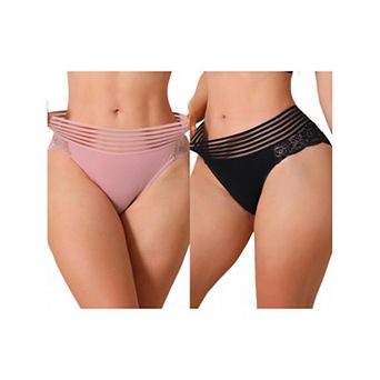 2 Packs Womens Mesh Striped Underwear Mid Waisted Lace Briefs See Through Panties
