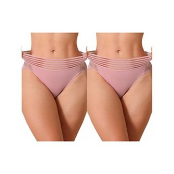 2 Packs Womens Mesh Striped Underwear Mid Waisted Lace Briefs See Through Panties
