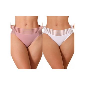 2 Packs Womens Mesh Striped Underwear Mid Waisted Lace Briefs See Through Panties
