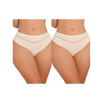 2 Packs Women's Ice Silk Bikini Brief Mid Rise V-shaped Meshed Thongs
